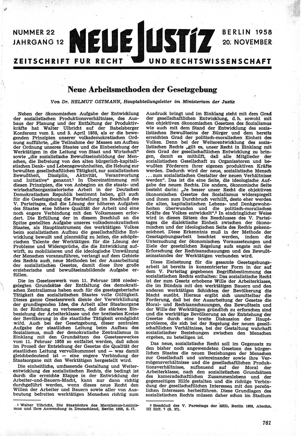 Neue Justiz (NJ), Zeitschrift für Recht und Rechtswissenschaft [Deutsche Demokratische Republik (DDR)], 12. Jahrgang 1958, Seite 761 (NJ DDR 1958, S. 761)