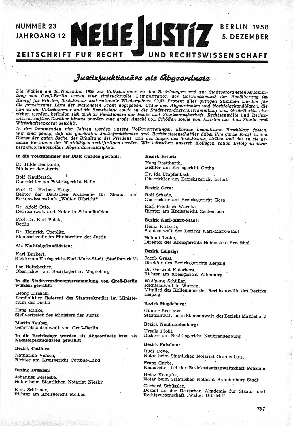 Neue Justiz (NJ), Zeitschrift für Recht und Rechtswissenschaft [Deutsche Demokratische Republik (DDR)], 12. Jahrgang 1958, Seite 797 (NJ DDR 1958, S. 797)