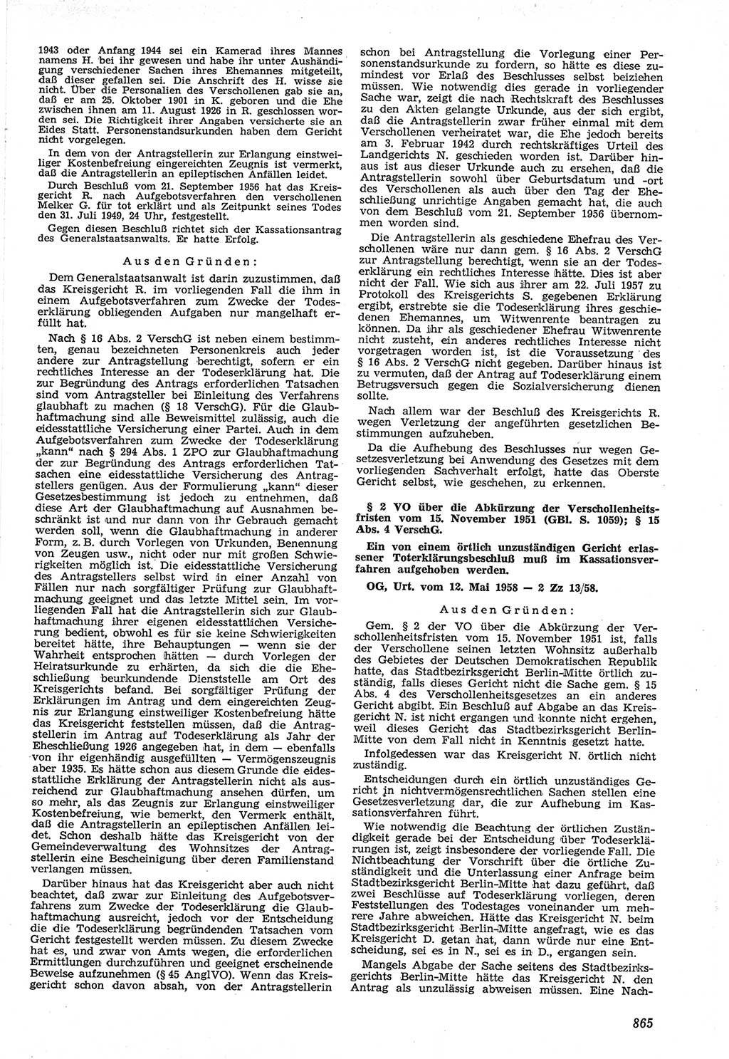 Neue Justiz (NJ), Zeitschrift für Recht und Rechtswissenschaft [Deutsche Demokratische Republik (DDR)], 12. Jahrgang 1958, Seite 865 (NJ DDR 1958, S. 865)