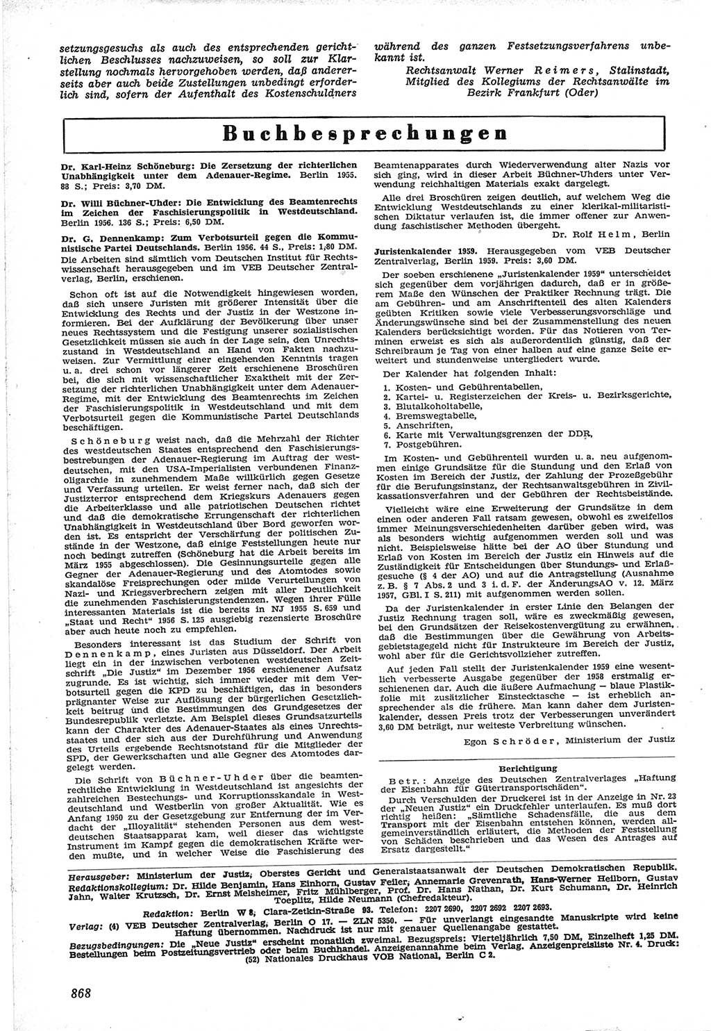 Neue Justiz (NJ), Zeitschrift für Recht und Rechtswissenschaft [Deutsche Demokratische Republik (DDR)], 12. Jahrgang 1958, Seite 868 (NJ DDR 1958, S. 868)