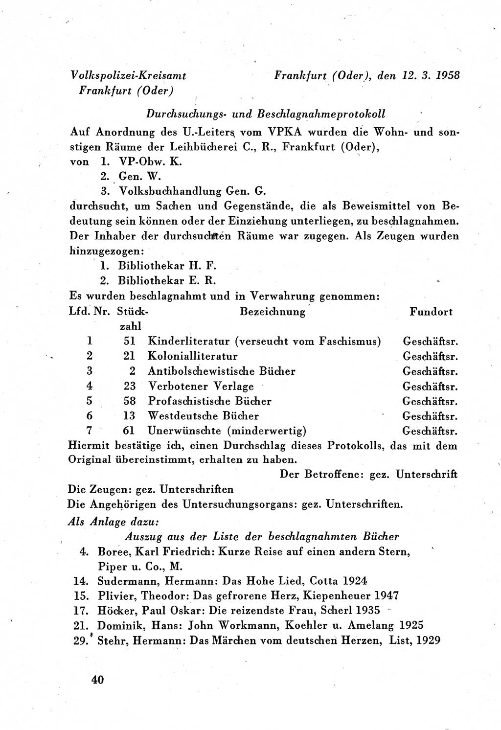 Dokumente des Unrechts, das SED-Regime [Deutsche Demokratische Republik (DDR)] in der Praxis, Bundesministerium für gesamtdeutsche Fragen (BMG) [Bundesrepublik Deutschland (BRD)] 1959, Seite 40 (Dok. UnR. SED-Reg. DDR BMG BRD 1959, S. 40)