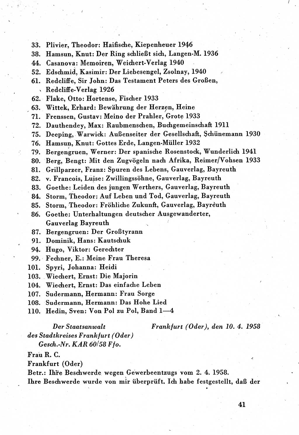 Dokumente des Unrechts, das SED-Regime [Deutsche Demokratische Republik (DDR)] in der Praxis, Bundesministerium für gesamtdeutsche Fragen (BMG) [Bundesrepublik Deutschland (BRD)] 1959, Seite 41 (Dok. UnR. SED-Reg. DDR BMG BRD 1959, S. 41)