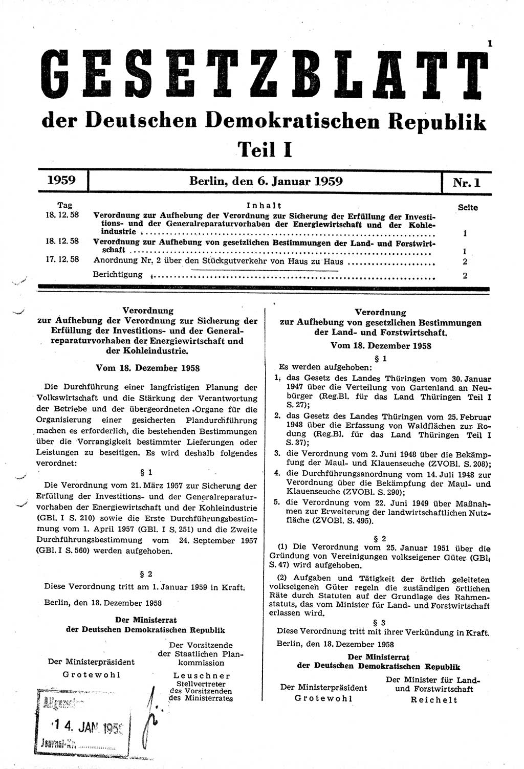 Gesetzblatt (GBl.) der Deutschen Demokratischen Republik (DDR) Teil Ⅰ 1959, Seite 1 (GBl. DDR Ⅰ 1959, S. 1)