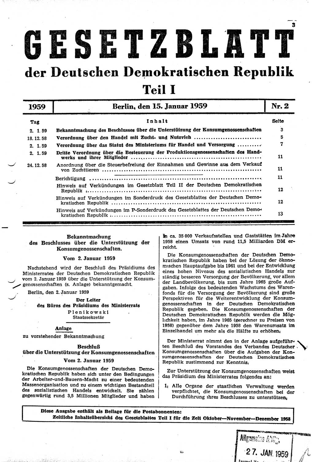 Gesetzblatt (GBl.) der Deutschen Demokratischen Republik (DDR) Teil Ⅰ 1959, Seite 3 (GBl. DDR Ⅰ 1959, S. 3)