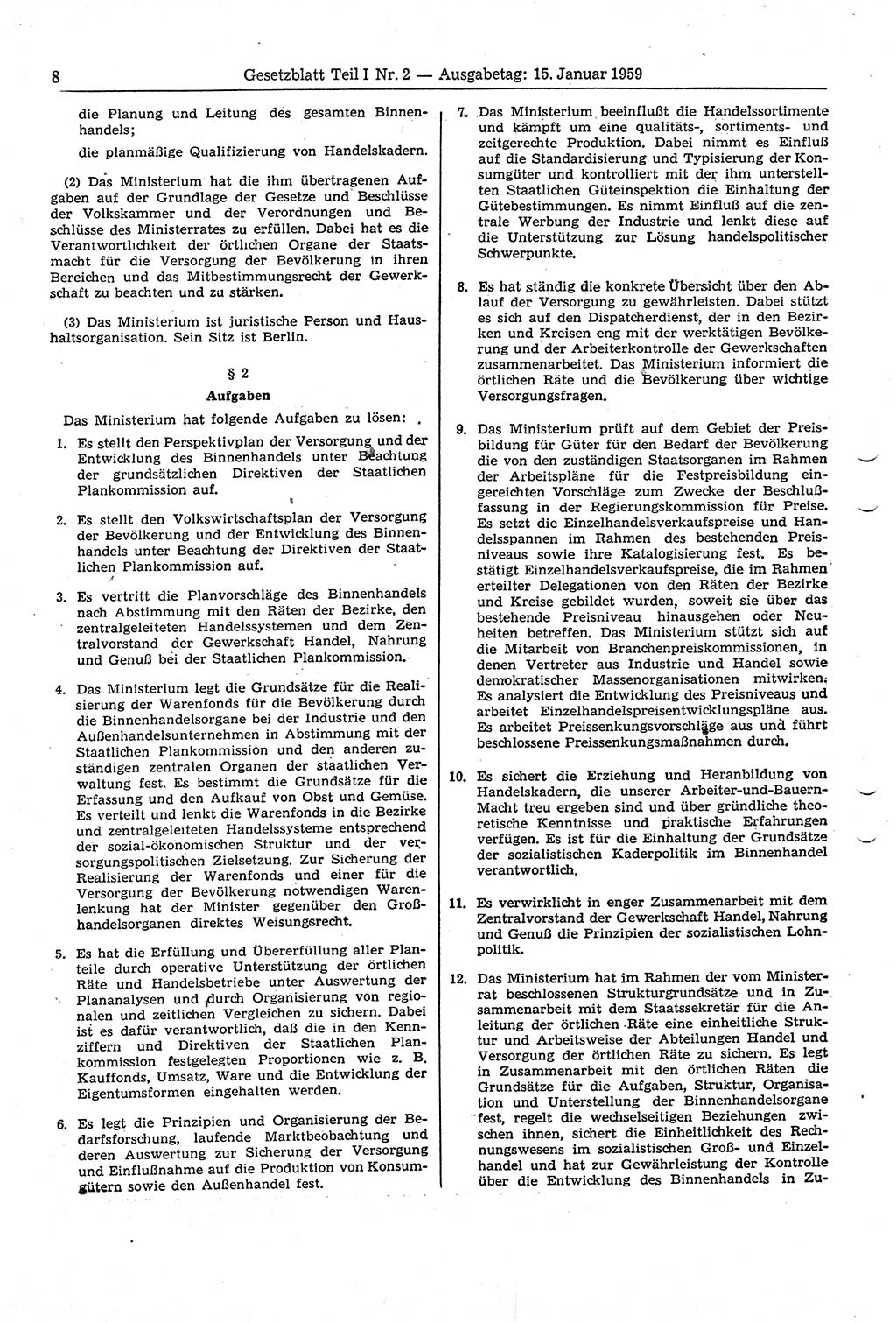 Gesetzblatt (GBl.) der Deutschen Demokratischen Republik (DDR) Teil Ⅰ 1959, Seite 8 (GBl. DDR Ⅰ 1959, S. 8)