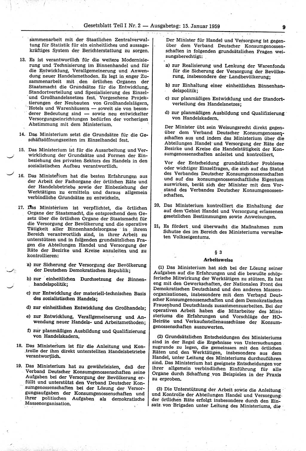 Gesetzblatt (GBl.) der Deutschen Demokratischen Republik (DDR) Teil Ⅰ 1959, Seite 9 (GBl. DDR Ⅰ 1959, S. 9)
