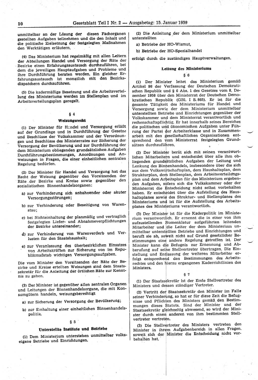 Gesetzblatt (GBl.) der Deutschen Demokratischen Republik (DDR) Teil Ⅰ 1959, Seite 10 (GBl. DDR Ⅰ 1959, S. 10)