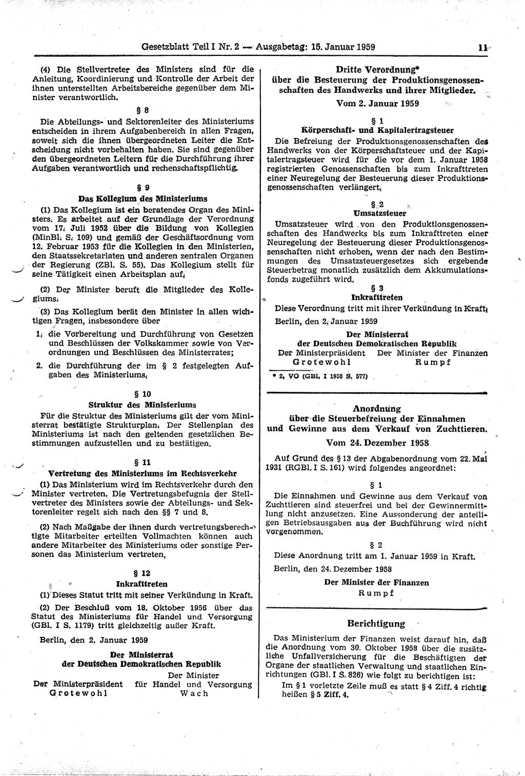 Gesetzblatt (GBl.) der Deutschen Demokratischen Republik (DDR) Teil Ⅰ 1959, Seite 11 (GBl. DDR Ⅰ 1959, S. 11)