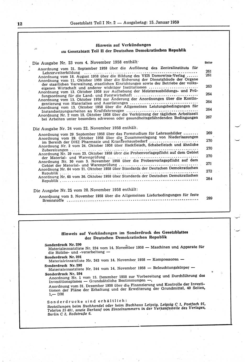 Gesetzblatt (GBl.) der Deutschen Demokratischen Republik (DDR) Teil Ⅰ 1959, Seite 12 (GBl. DDR Ⅰ 1959, S. 12)