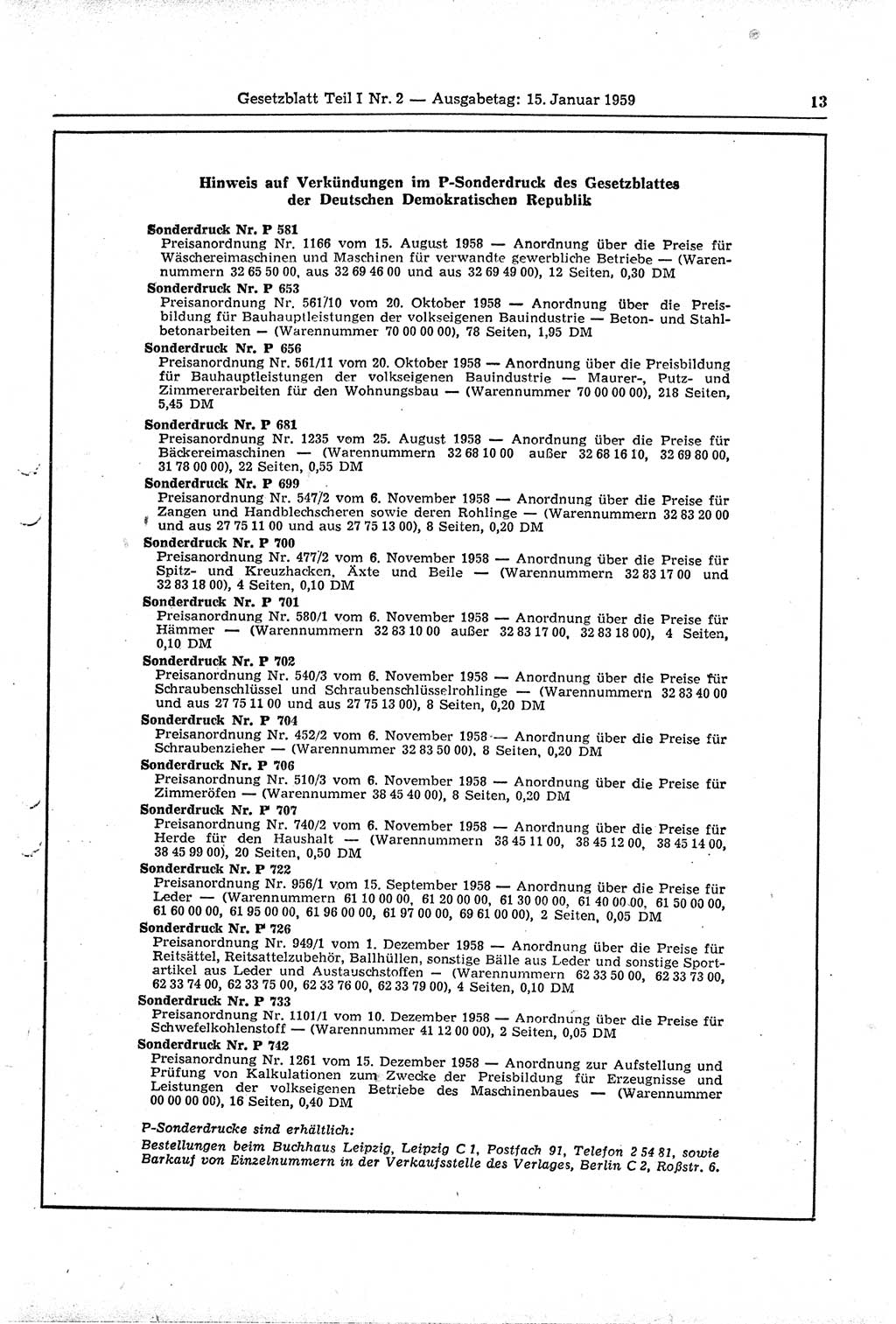 Gesetzblatt (GBl.) der Deutschen Demokratischen Republik (DDR) Teil Ⅰ 1959, Seite 13 (GBl. DDR Ⅰ 1959, S. 13)