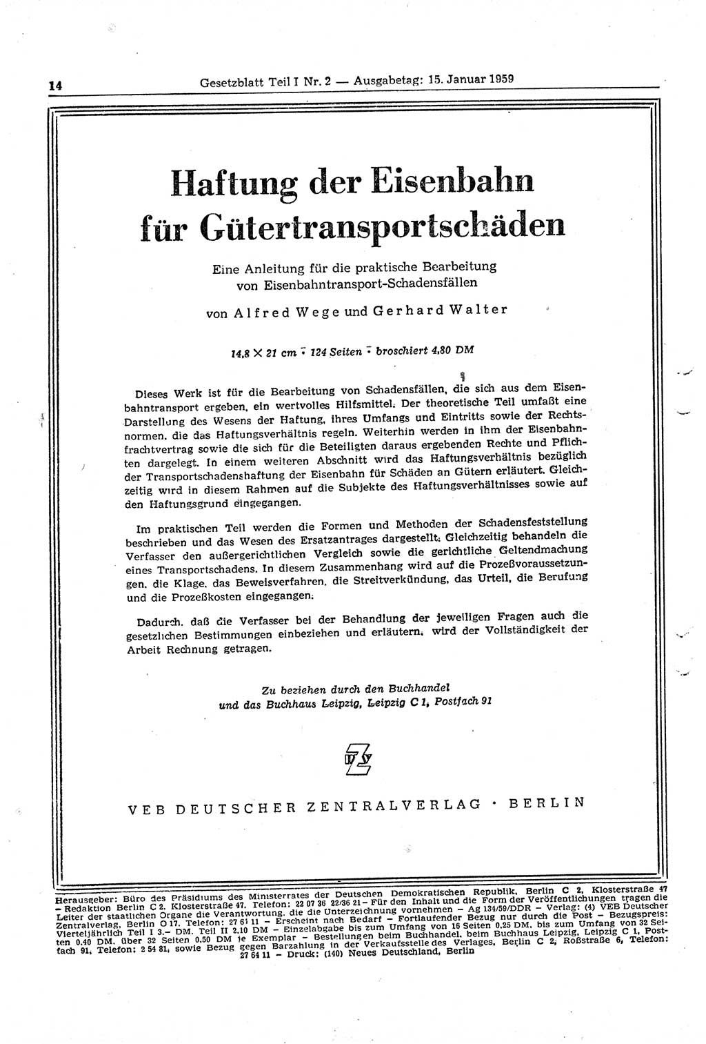 Gesetzblatt (GBl.) der Deutschen Demokratischen Republik (DDR) Teil Ⅰ 1959, Seite 14 (GBl. DDR Ⅰ 1959, S. 14)