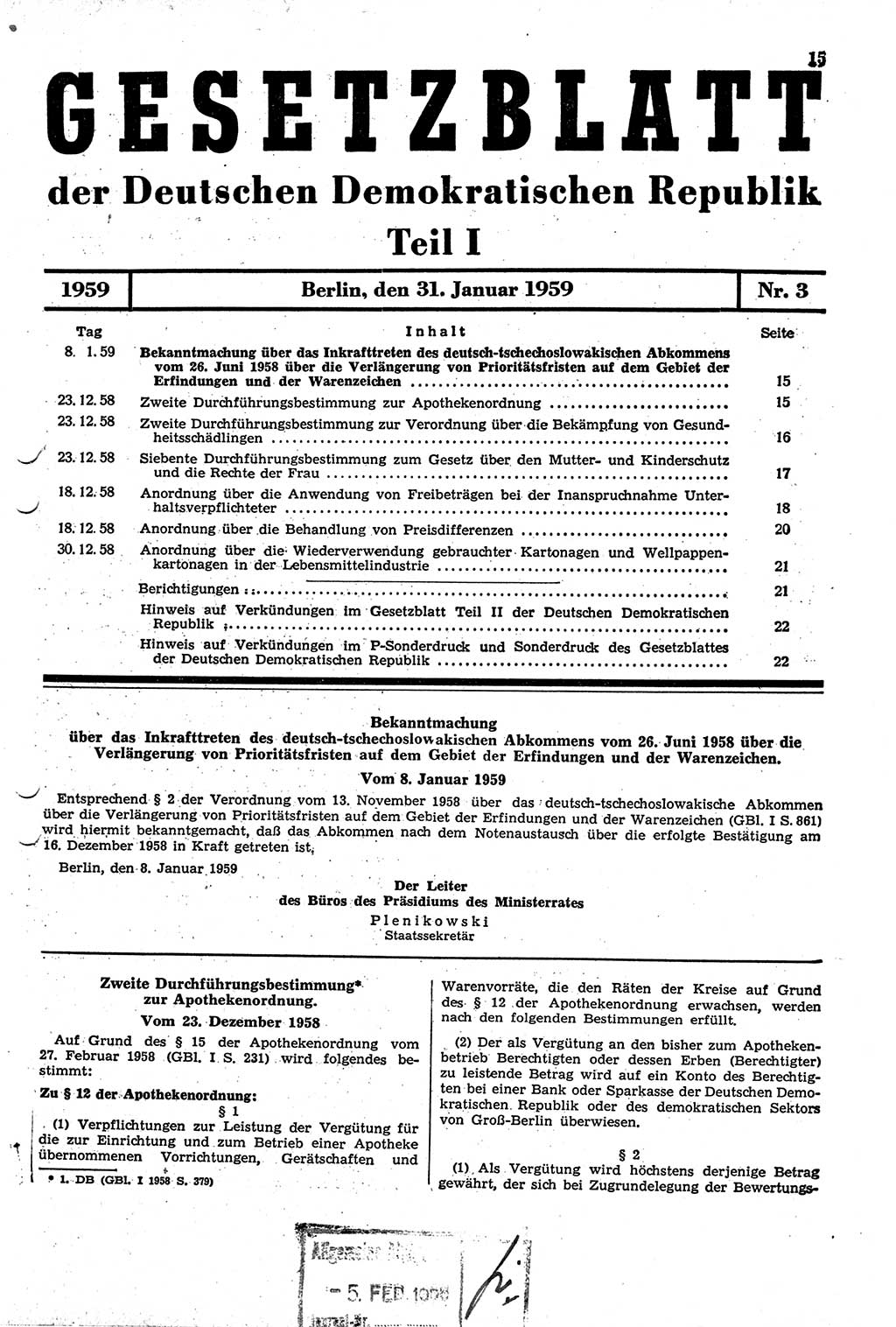 Gesetzblatt (GBl.) der Deutschen Demokratischen Republik (DDR) Teil Ⅰ 1959, Seite 15 (GBl. DDR Ⅰ 1959, S. 15)