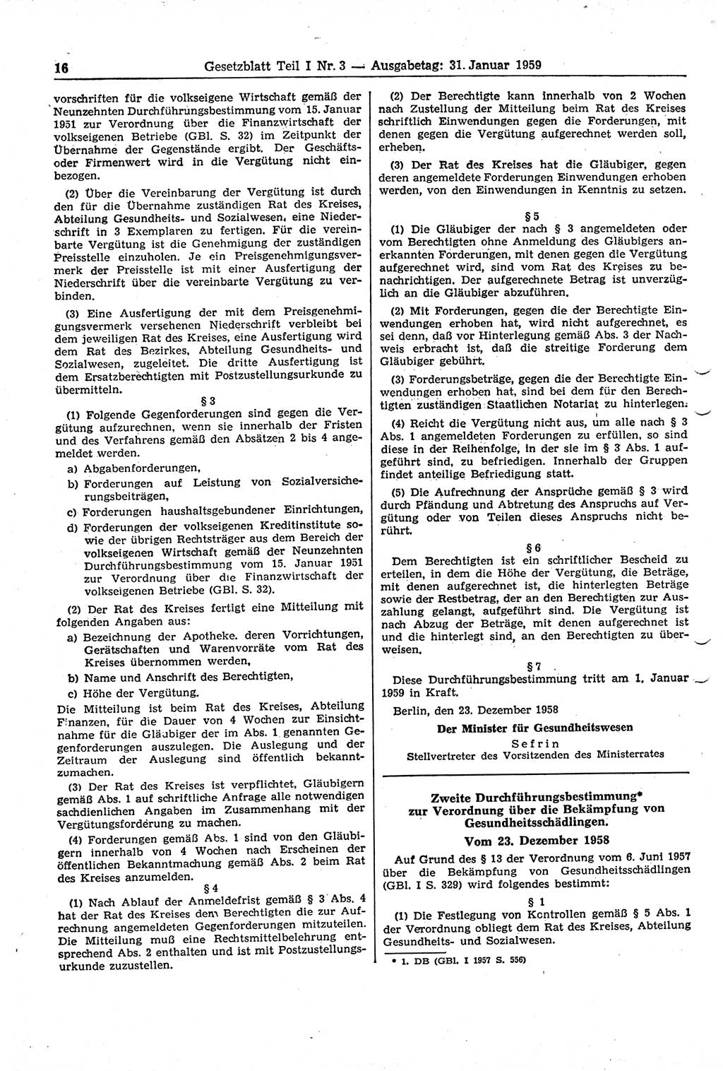 Gesetzblatt (GBl.) der Deutschen Demokratischen Republik (DDR) Teil Ⅰ 1959, Seite 16 (GBl. DDR Ⅰ 1959, S. 16)