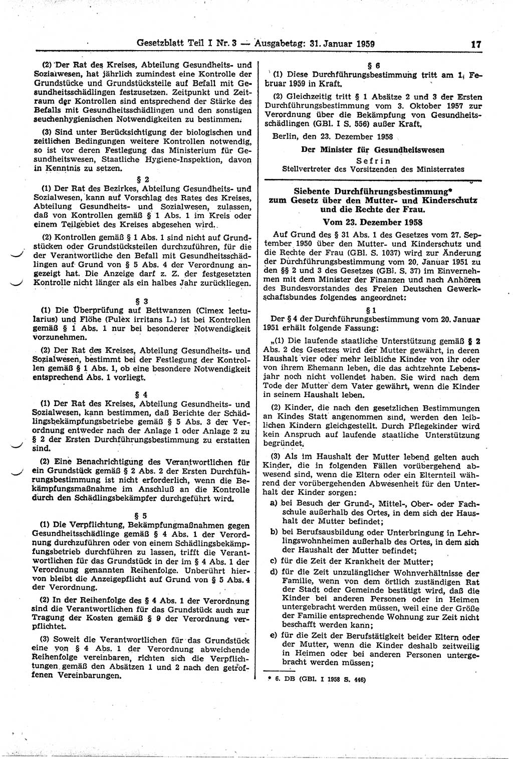 Gesetzblatt (GBl.) der Deutschen Demokratischen Republik (DDR) Teil Ⅰ 1959, Seite 17 (GBl. DDR Ⅰ 1959, S. 17)