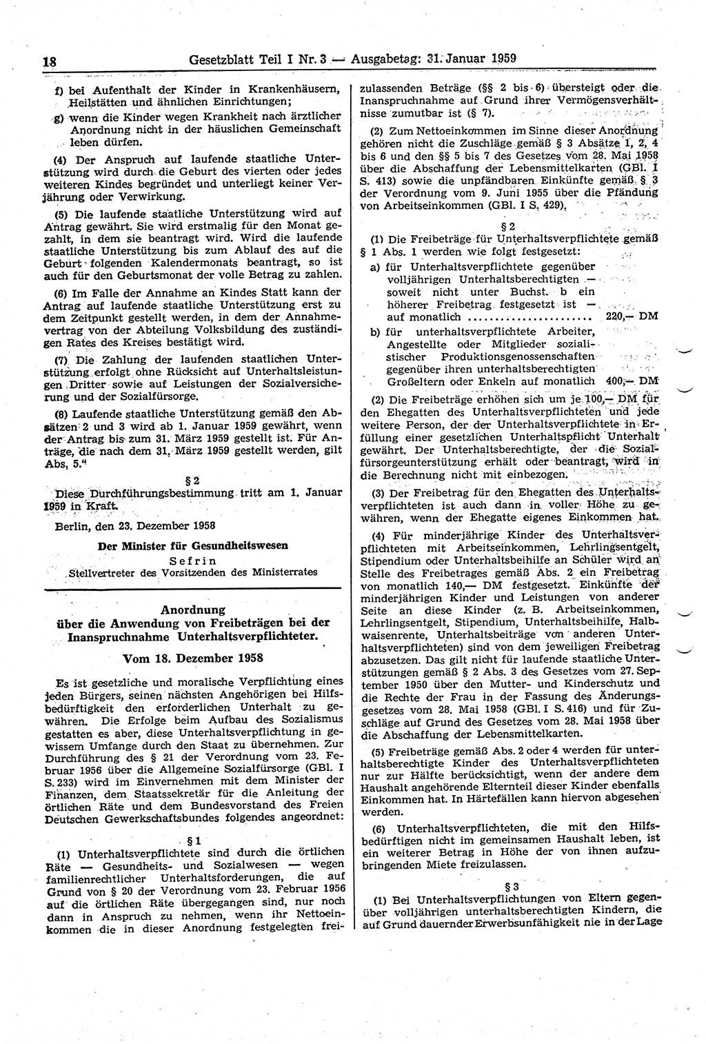 Gesetzblatt (GBl.) der Deutschen Demokratischen Republik (DDR) Teil Ⅰ 1959, Seite 18 (GBl. DDR Ⅰ 1959, S. 18)