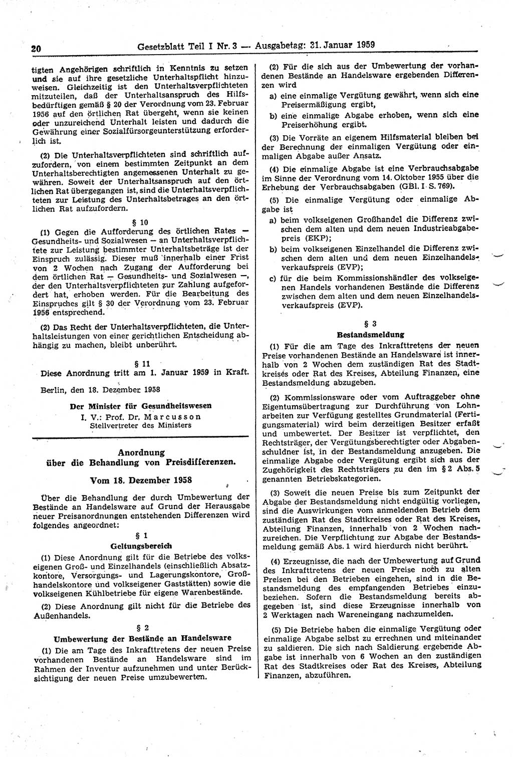 Gesetzblatt (GBl.) der Deutschen Demokratischen Republik (DDR) Teil Ⅰ 1959, Seite 20 (GBl. DDR Ⅰ 1959, S. 20)