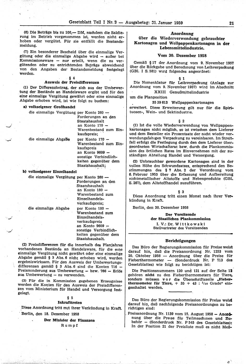 Gesetzblatt (GBl.) der Deutschen Demokratischen Republik (DDR) Teil Ⅰ 1959, Seite 21 (GBl. DDR Ⅰ 1959, S. 21)