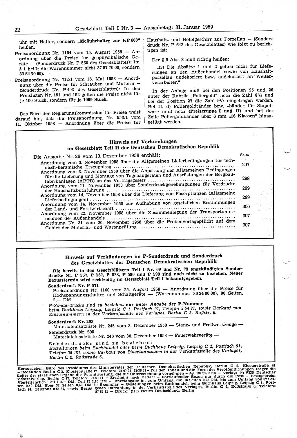 Gesetzblatt (GBl.) der Deutschen Demokratischen Republik (DDR) Teil Ⅰ 1959, Seite 22 (GBl. DDR Ⅰ 1959, S. 22)