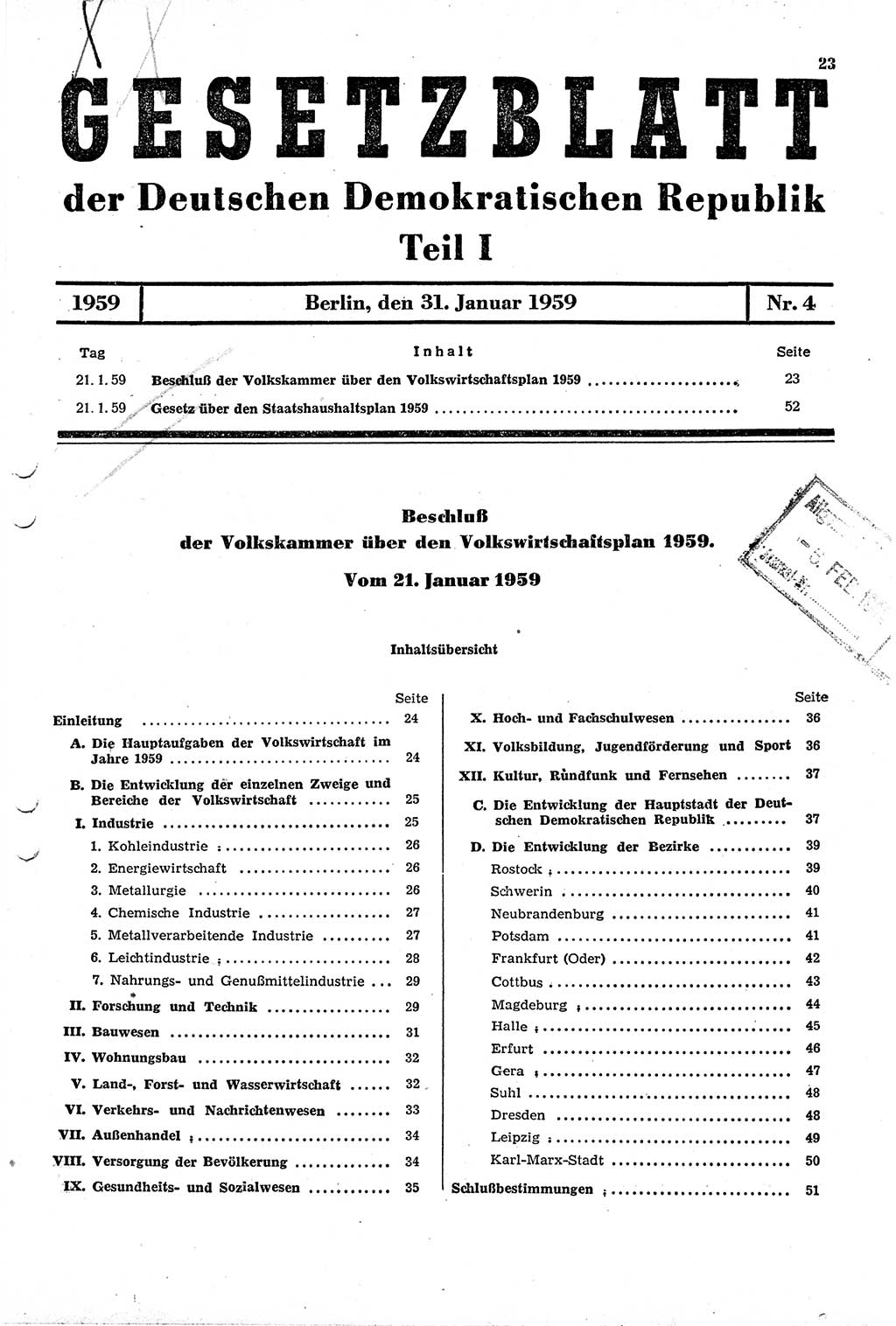 Gesetzblatt (GBl.) der Deutschen Demokratischen Republik (DDR) Teil Ⅰ 1959, Seite 23 (GBl. DDR Ⅰ 1959, S. 23)