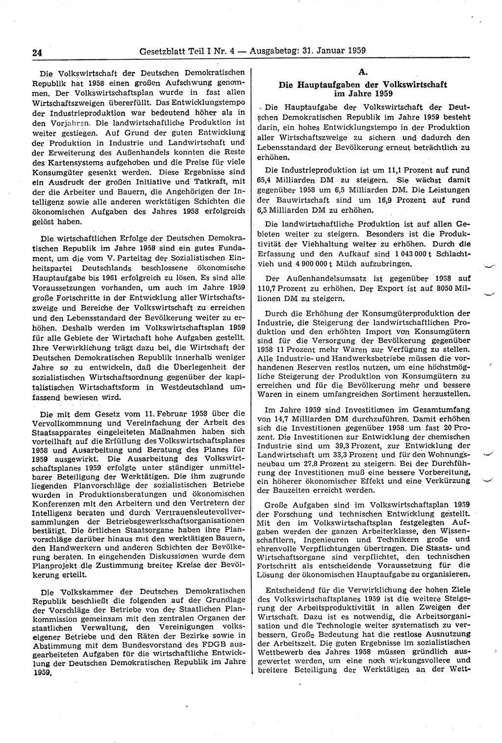 Gesetzblatt (GBl.) der Deutschen Demokratischen Republik (DDR) Teil Ⅰ 1959, Seite 24 (GBl. DDR Ⅰ 1959, S. 24)