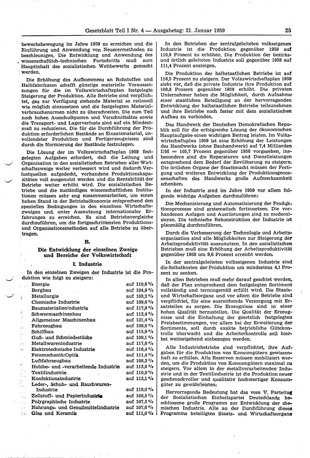 Gesetzblatt (GBl.) der Deutschen Demokratischen Republik (DDR) Teil Ⅰ 1959, Seite 25 (GBl. DDR Ⅰ 1959, S. 25)