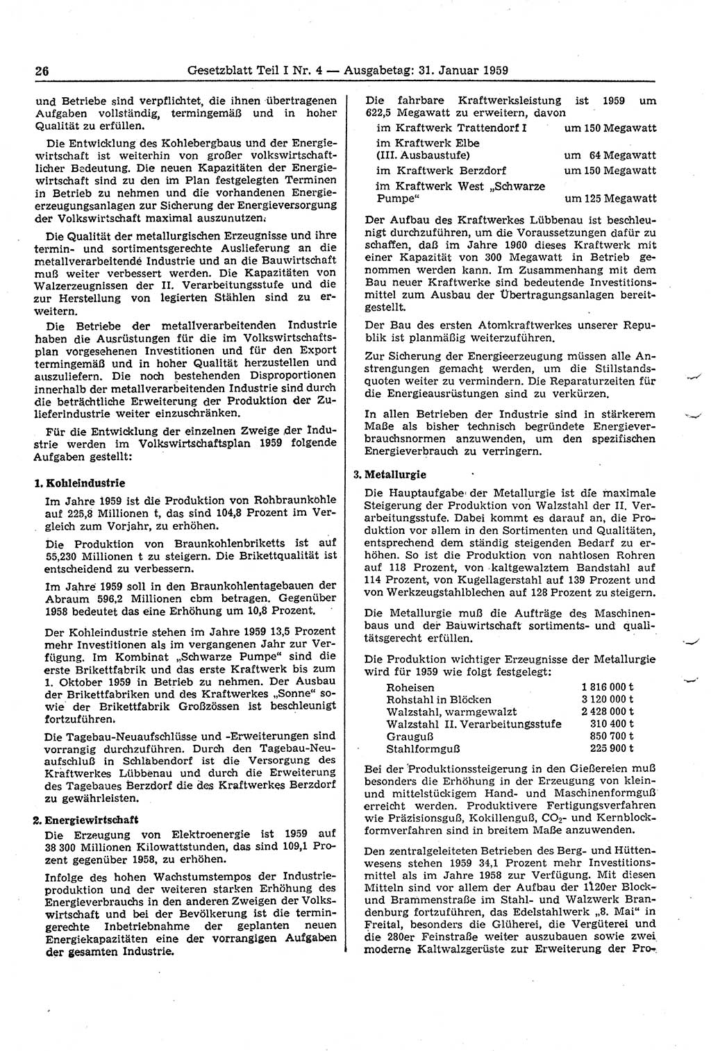Gesetzblatt (GBl.) der Deutschen Demokratischen Republik (DDR) Teil Ⅰ 1959, Seite 26 (GBl. DDR Ⅰ 1959, S. 26)