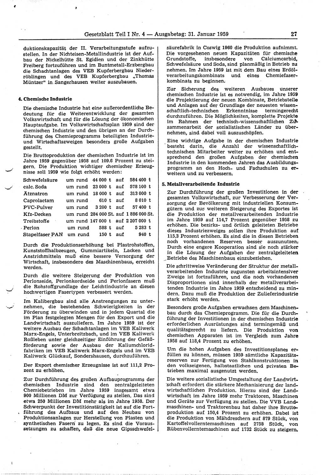 Gesetzblatt (GBl.) der Deutschen Demokratischen Republik (DDR) Teil Ⅰ 1959, Seite 27 (GBl. DDR Ⅰ 1959, S. 27)
