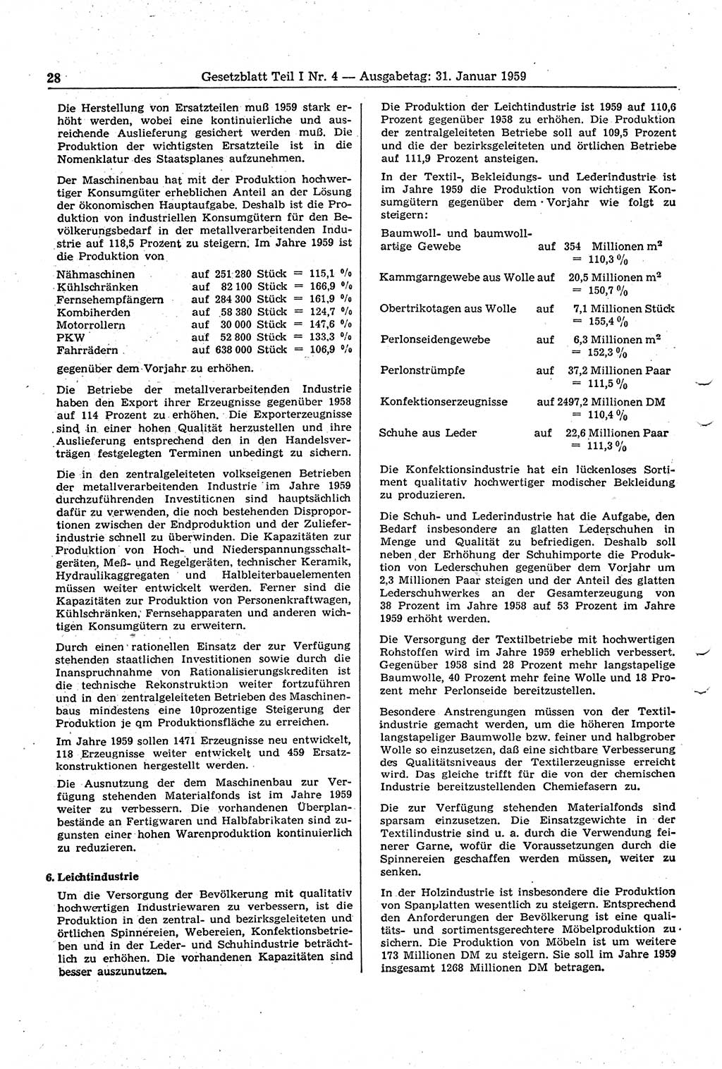 Gesetzblatt (GBl.) der Deutschen Demokratischen Republik (DDR) Teil Ⅰ 1959, Seite 28 (GBl. DDR Ⅰ 1959, S. 28)