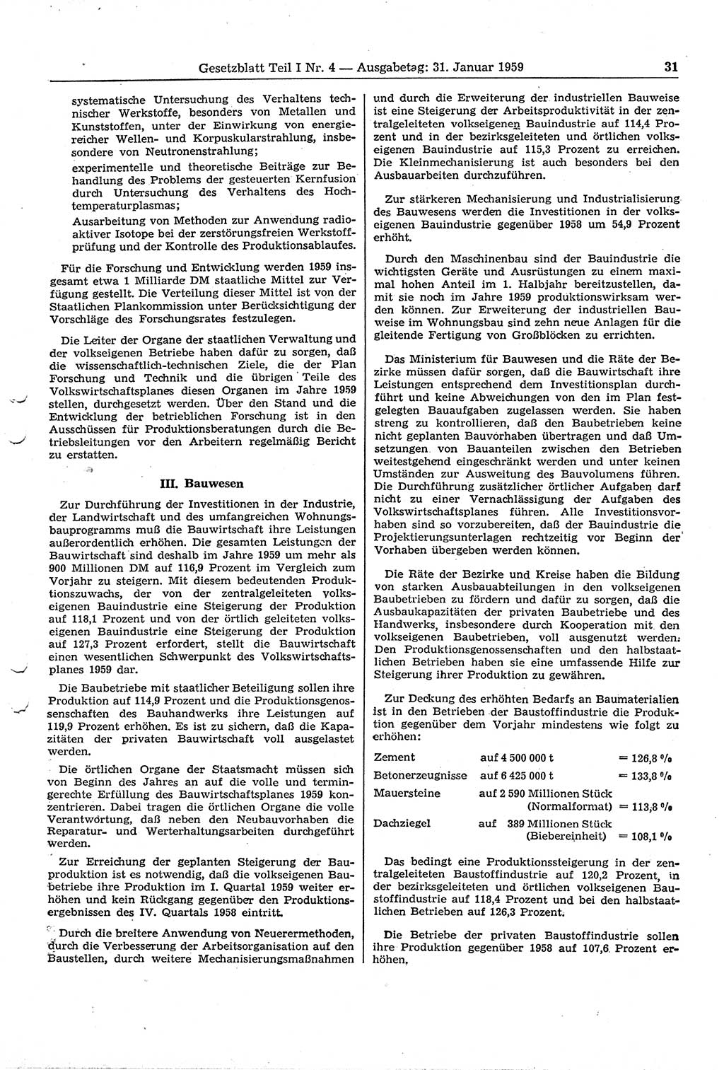 Gesetzblatt (GBl.) der Deutschen Demokratischen Republik (DDR) Teil Ⅰ 1959, Seite 31 (GBl. DDR Ⅰ 1959, S. 31)
