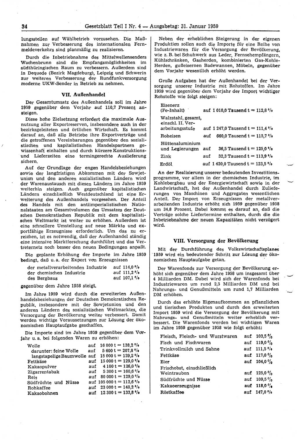 Gesetzblatt (GBl.) der Deutschen Demokratischen Republik (DDR) Teil Ⅰ 1959, Seite 34 (GBl. DDR Ⅰ 1959, S. 34)