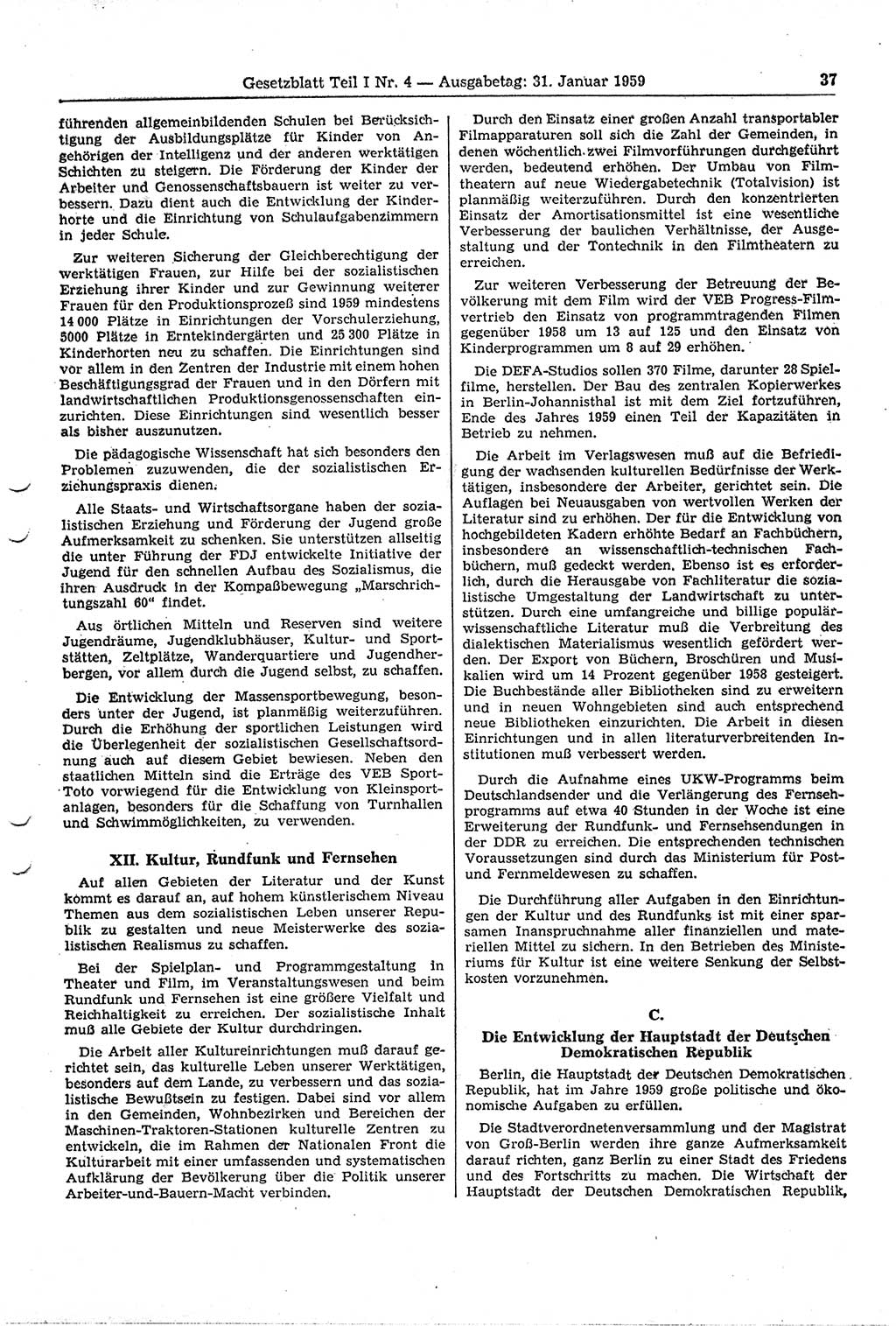 Gesetzblatt (GBl.) der Deutschen Demokratischen Republik (DDR) Teil Ⅰ 1959, Seite 37 (GBl. DDR Ⅰ 1959, S. 37)