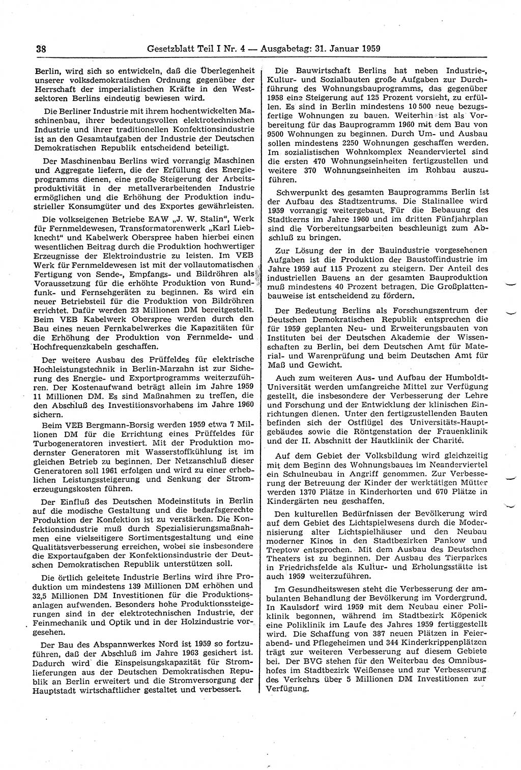 Gesetzblatt (GBl.) der Deutschen Demokratischen Republik (DDR) Teil Ⅰ 1959, Seite 38 (GBl. DDR Ⅰ 1959, S. 38)