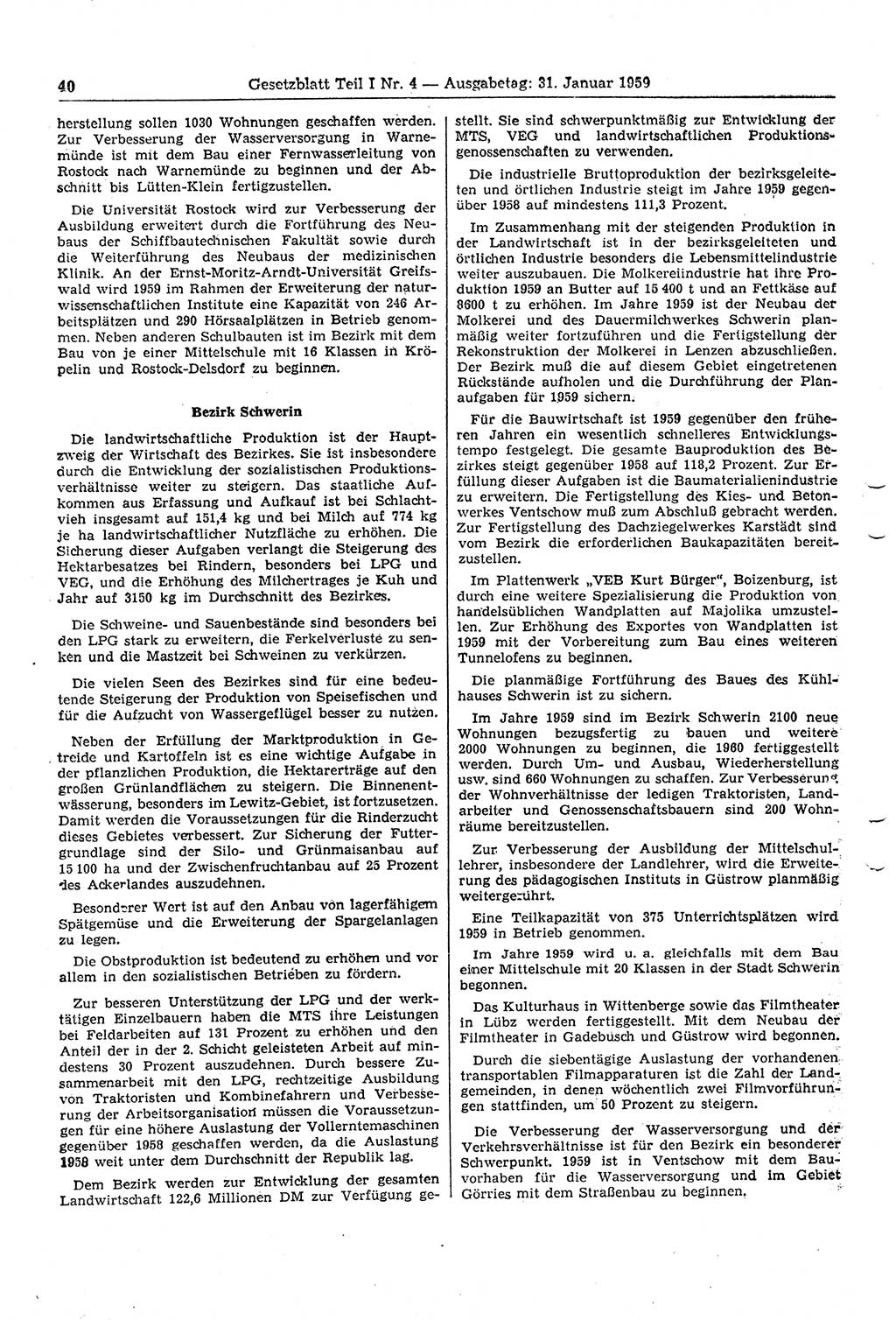 Gesetzblatt (GBl.) der Deutschen Demokratischen Republik (DDR) Teil Ⅰ 1959, Seite 40 (GBl. DDR Ⅰ 1959, S. 40)