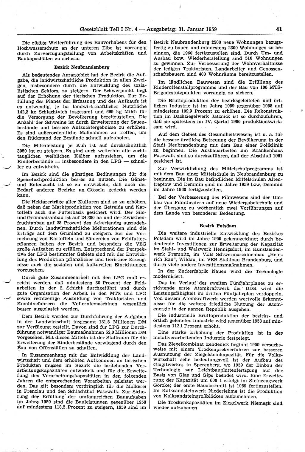 Gesetzblatt (GBl.) der Deutschen Demokratischen Republik (DDR) Teil Ⅰ 1959, Seite 41 (GBl. DDR Ⅰ 1959, S. 41)
