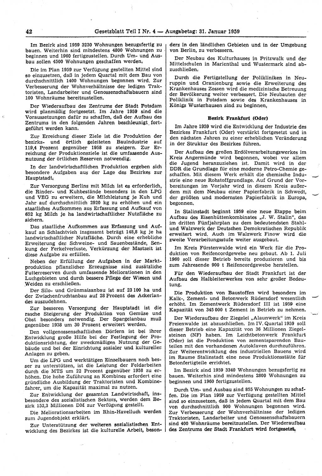 Gesetzblatt (GBl.) der Deutschen Demokratischen Republik (DDR) Teil Ⅰ 1959, Seite 42 (GBl. DDR Ⅰ 1959, S. 42)