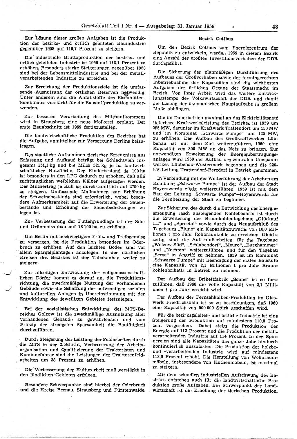 Gesetzblatt (GBl.) der Deutschen Demokratischen Republik (DDR) Teil Ⅰ 1959, Seite 43 (GBl. DDR Ⅰ 1959, S. 43)