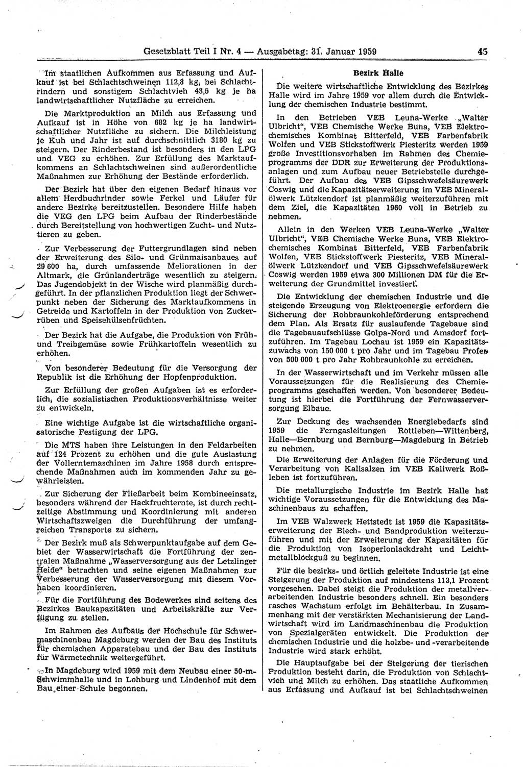 Gesetzblatt (GBl.) der Deutschen Demokratischen Republik (DDR) Teil Ⅰ 1959, Seite 45 (GBl. DDR Ⅰ 1959, S. 45)