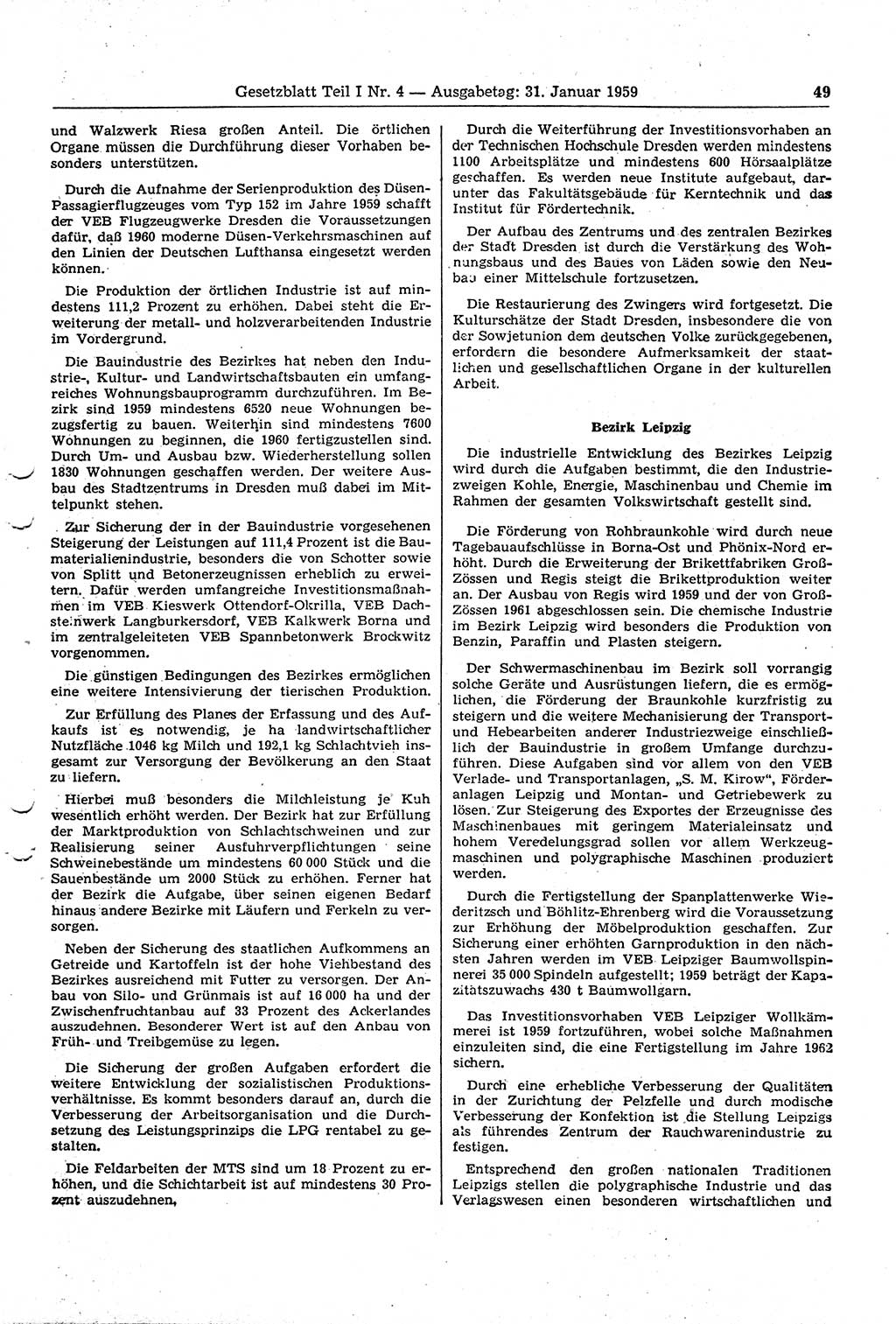 Gesetzblatt (GBl.) der Deutschen Demokratischen Republik (DDR) Teil Ⅰ 1959, Seite 49 (GBl. DDR Ⅰ 1959, S. 49)