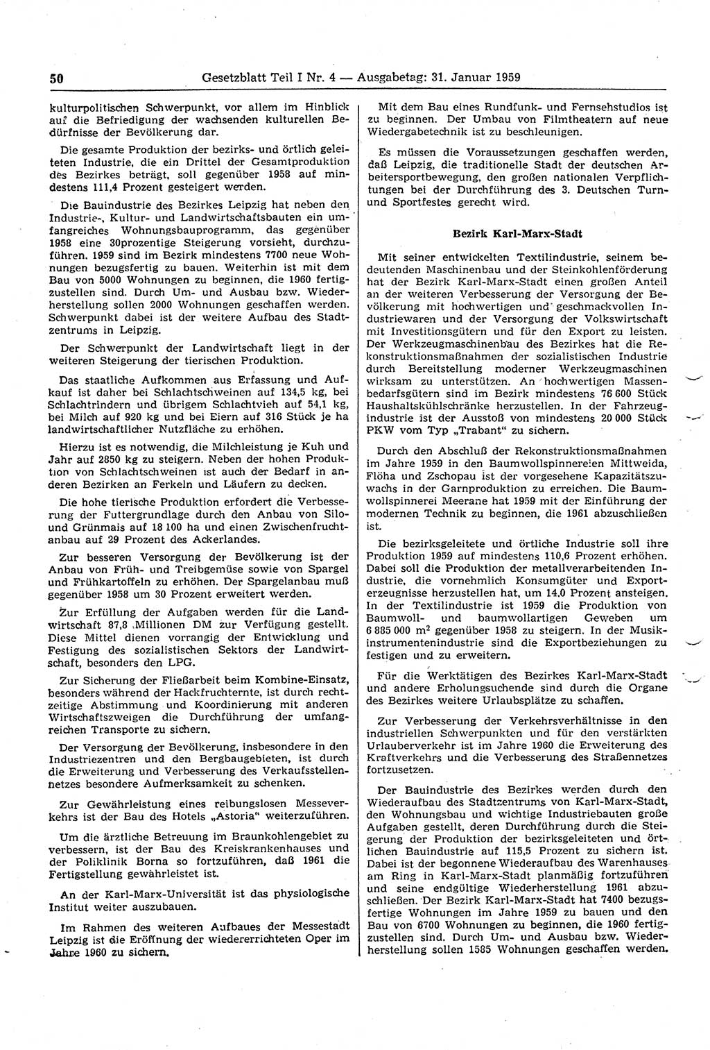 Gesetzblatt (GBl.) der Deutschen Demokratischen Republik (DDR) Teil Ⅰ 1959, Seite 50 (GBl. DDR Ⅰ 1959, S. 50)