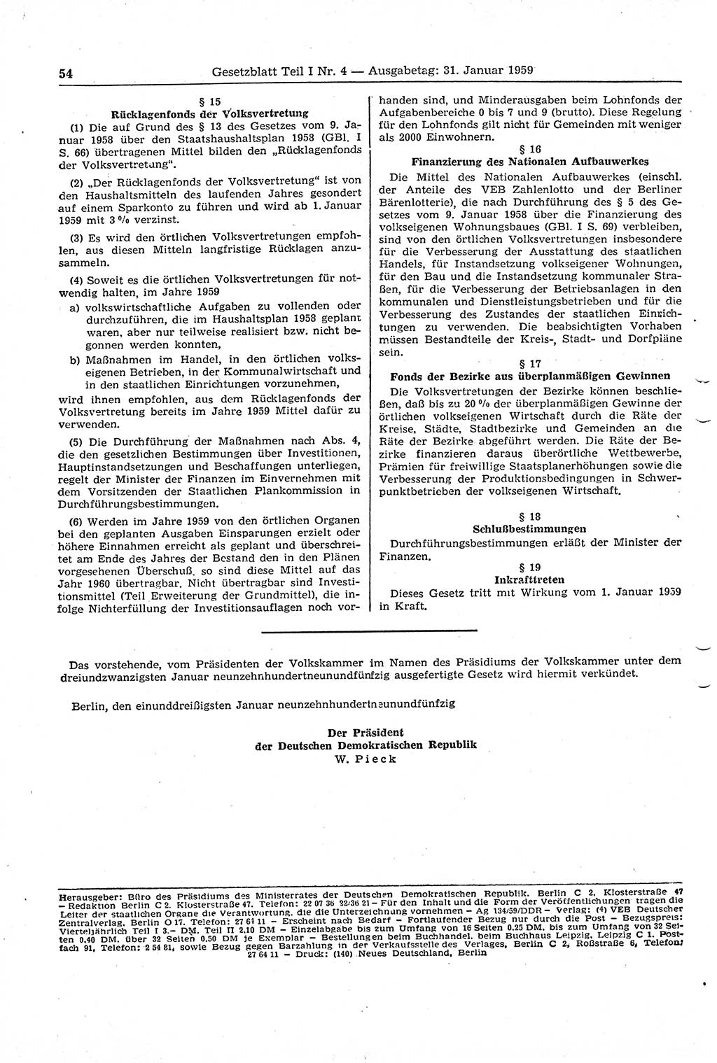 Gesetzblatt (GBl.) der Deutschen Demokratischen Republik (DDR) Teil Ⅰ 1959, Seite 54 (GBl. DDR Ⅰ 1959, S. 54)