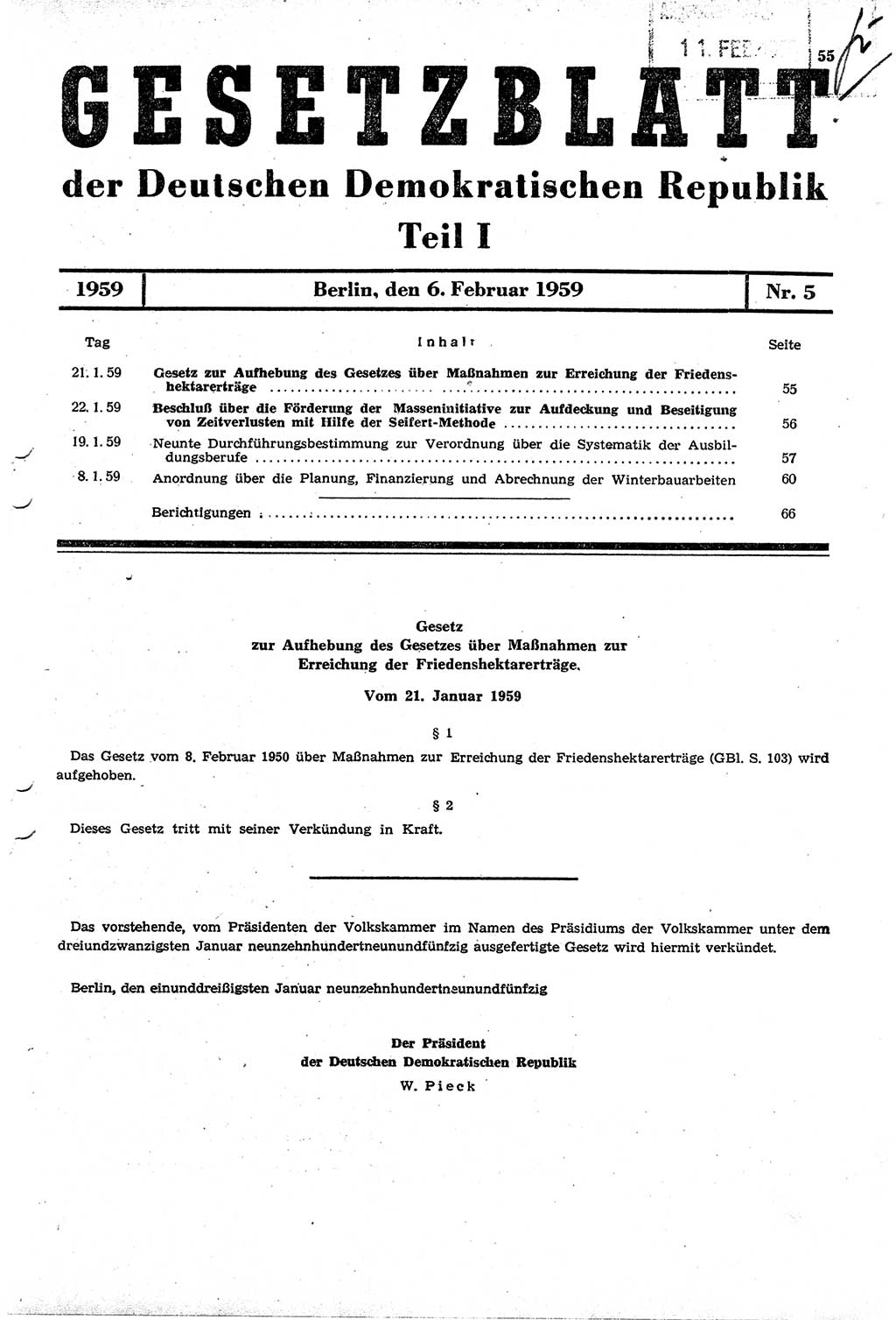 Gesetzblatt (GBl.) der Deutschen Demokratischen Republik (DDR) Teil Ⅰ 1959, Seite 55 (GBl. DDR Ⅰ 1959, S. 55)