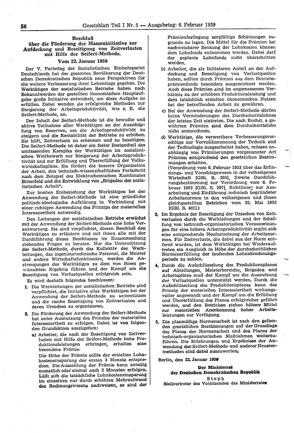 Gesetzblatt (GBl.) der Deutschen Demokratischen Republik (DDR) Teil Ⅰ 1959, Seite 56 (GBl. DDR Ⅰ 1959, S. 56)