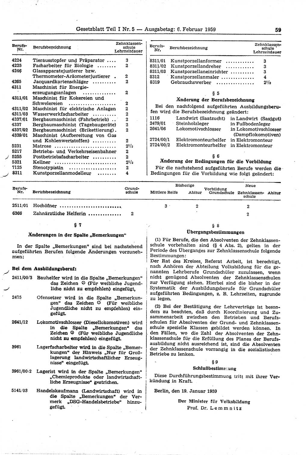 Gesetzblatt (GBl.) der Deutschen Demokratischen Republik (DDR) Teil Ⅰ 1959, Seite 59 (GBl. DDR Ⅰ 1959, S. 59)