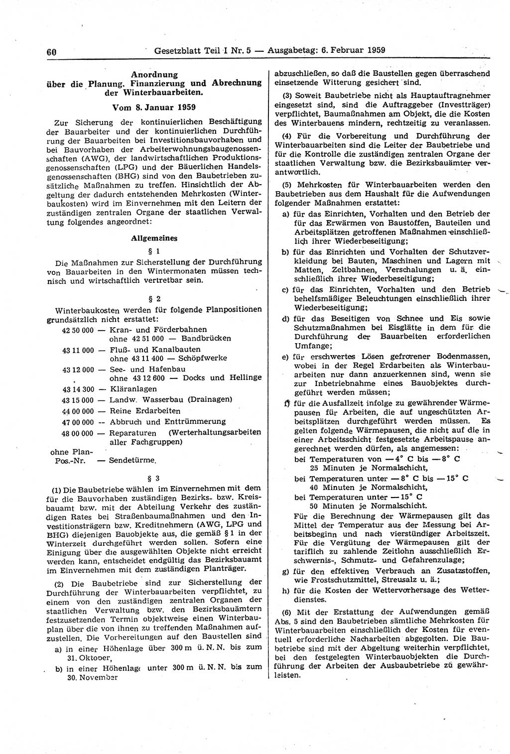 Gesetzblatt (GBl.) der Deutschen Demokratischen Republik (DDR) Teil Ⅰ 1959, Seite 60 (GBl. DDR Ⅰ 1959, S. 60)