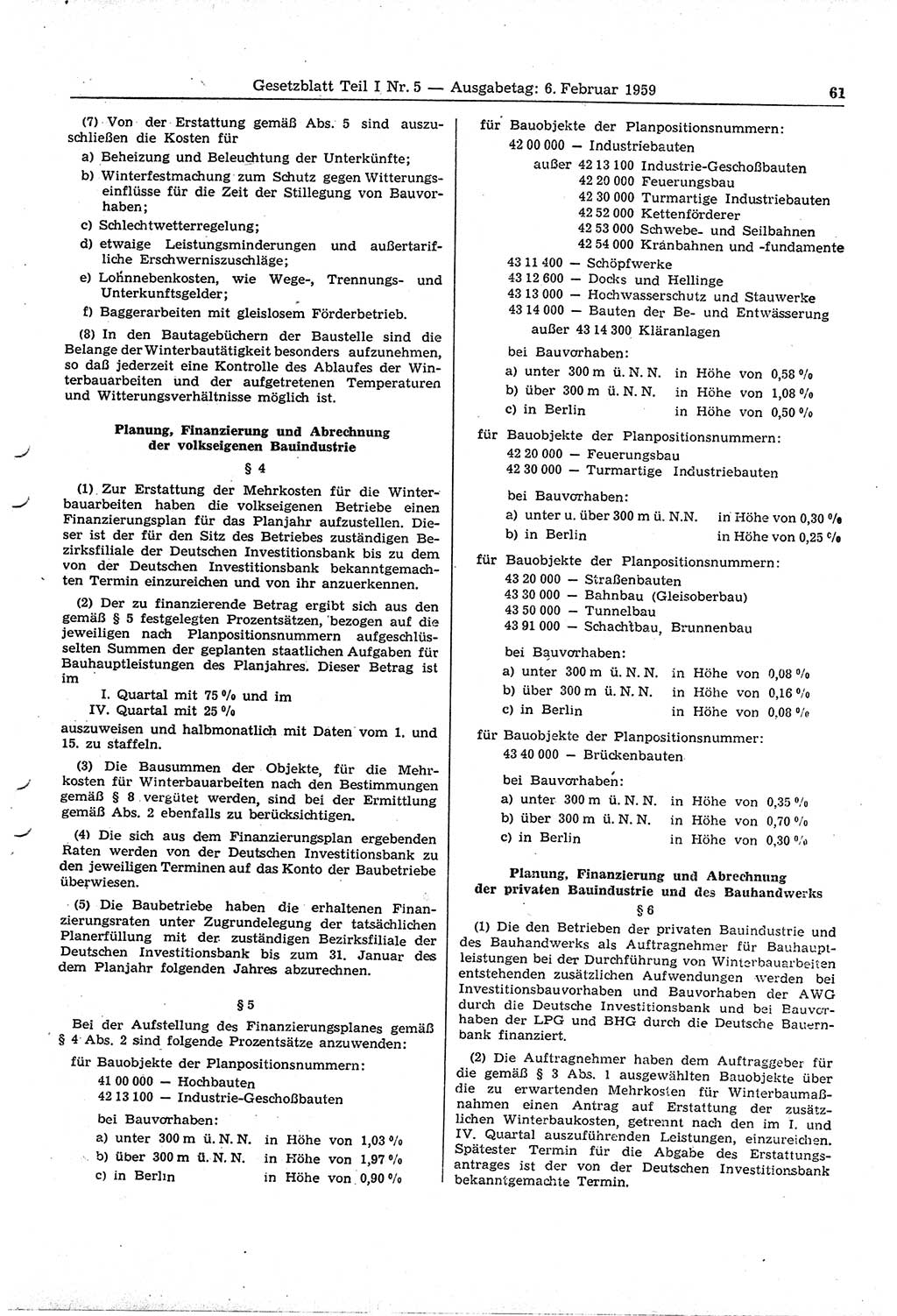 Gesetzblatt (GBl.) der Deutschen Demokratischen Republik (DDR) Teil Ⅰ 1959, Seite 61 (GBl. DDR Ⅰ 1959, S. 61)