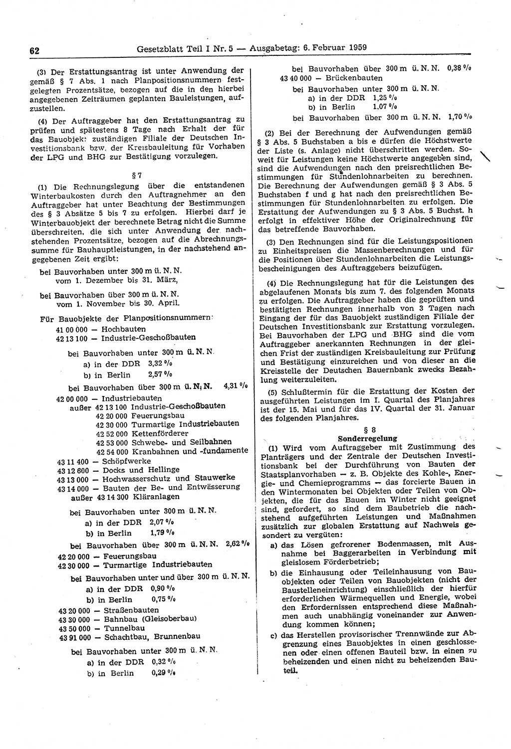 Gesetzblatt (GBl.) der Deutschen Demokratischen Republik (DDR) Teil Ⅰ 1959, Seite 62 (GBl. DDR Ⅰ 1959, S. 62)