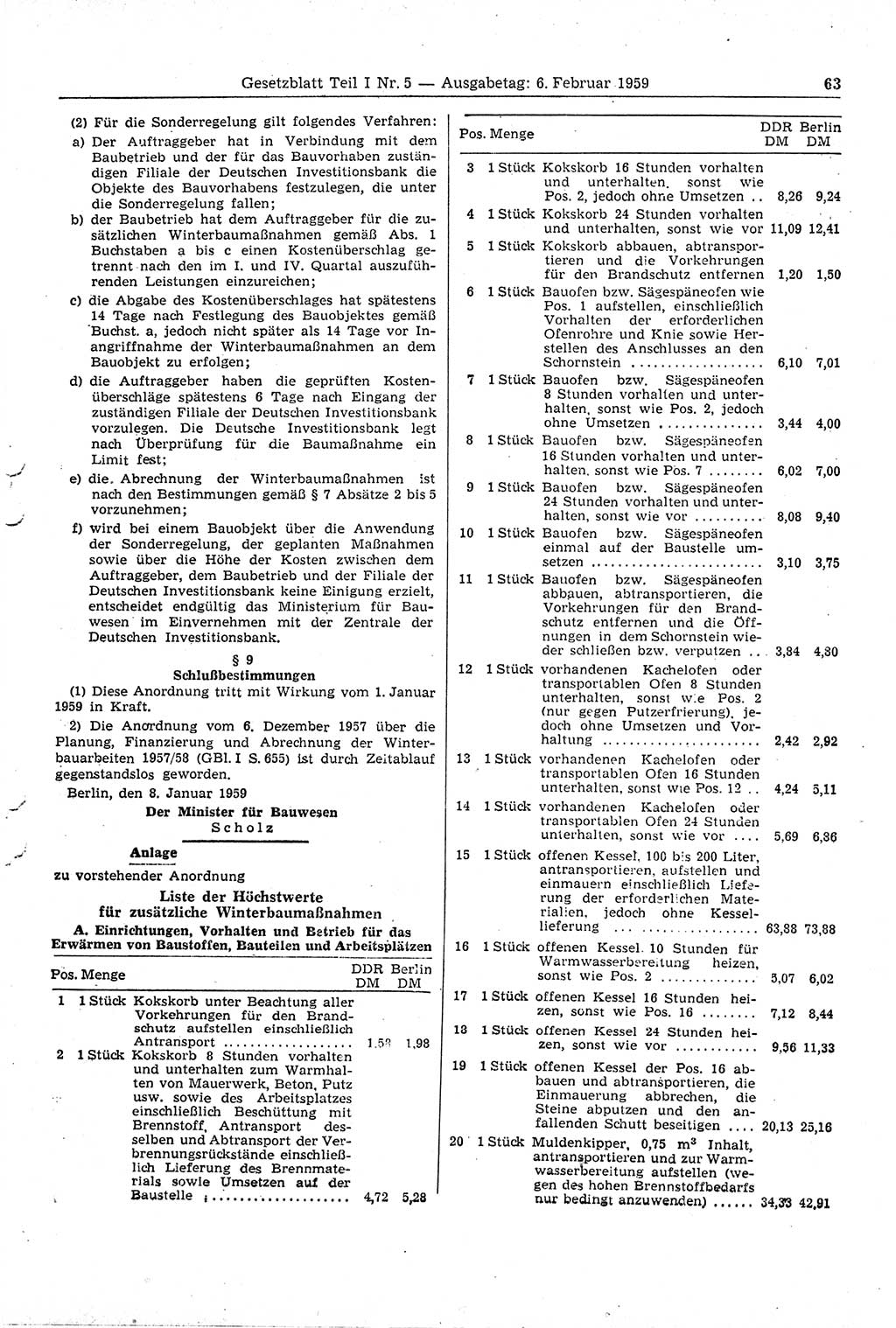 Gesetzblatt (GBl.) der Deutschen Demokratischen Republik (DDR) Teil Ⅰ 1959, Seite 63 (GBl. DDR Ⅰ 1959, S. 63)