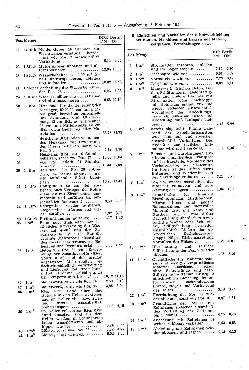 Gesetzblatt (GBl.) der Deutschen Demokratischen Republik (DDR) Teil Ⅰ 1959, Seite 64 (GBl. DDR Ⅰ 1959, S. 64)