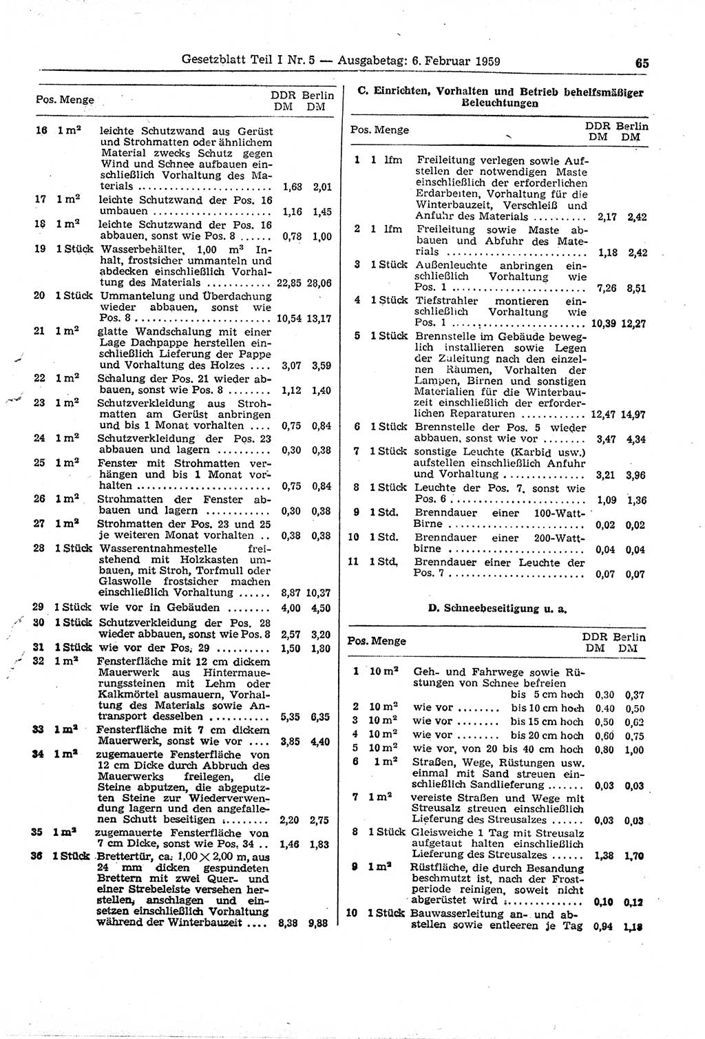 Gesetzblatt (GBl.) der Deutschen Demokratischen Republik (DDR) Teil Ⅰ 1959, Seite 65 (GBl. DDR Ⅰ 1959, S. 65)