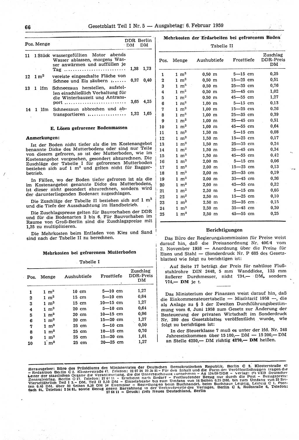 Gesetzblatt (GBl.) der Deutschen Demokratischen Republik (DDR) Teil Ⅰ 1959, Seite 66 (GBl. DDR Ⅰ 1959, S. 66)